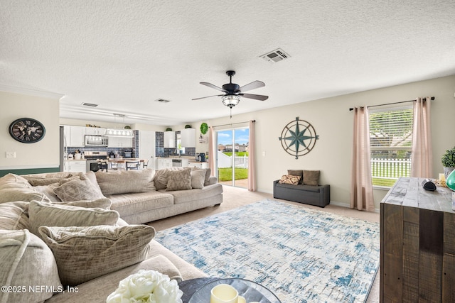 15316 Perdido Dr, Orlando, FL 32828 - living area featuring a ceiling fan, healthy amount of natural light, a textured ceiling, and light carpet