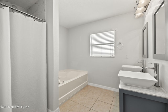 15316 Perdido Dr, Orlando, FL 32828 - full bathroom with double vanity, tile patterned flooring, a garden tub, and a shower with curtain