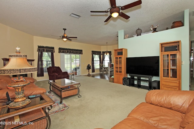 54002 Evergreen Trl, Callahan, FL 32011 - living room with ceiling fan, carpet, and a textured ceiling