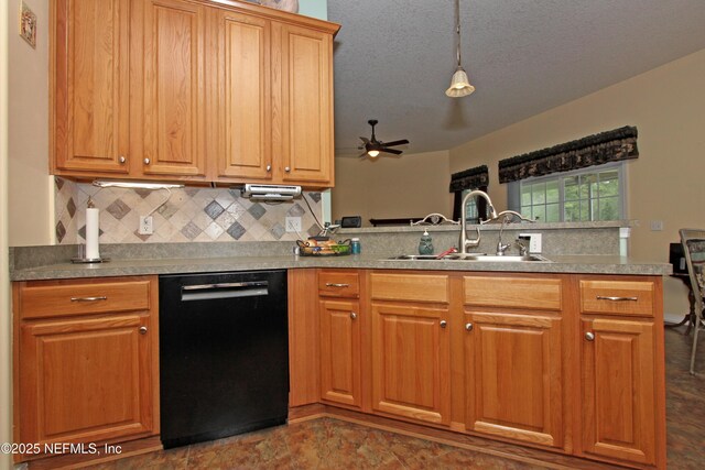 54002 Evergreen Trl, Callahan, FL 32011 - kitchen with black dishwasher, ceiling fan, backsplash, a peninsula, and pendant lighting