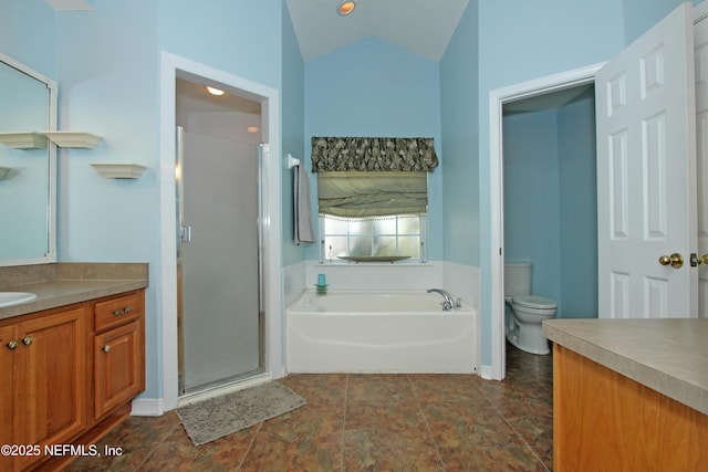 54002 Evergreen Trl, Callahan, FL 32011 - full bath featuring vanity, a bath, a stall shower, and lofted ceiling
