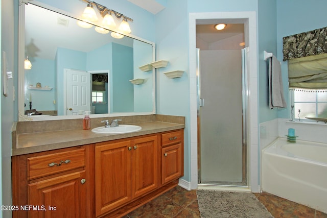 54002 Evergreen Trl, Callahan, FL 32011 - full bathroom featuring vanity, a garden tub, a stall shower, and stone finish floors