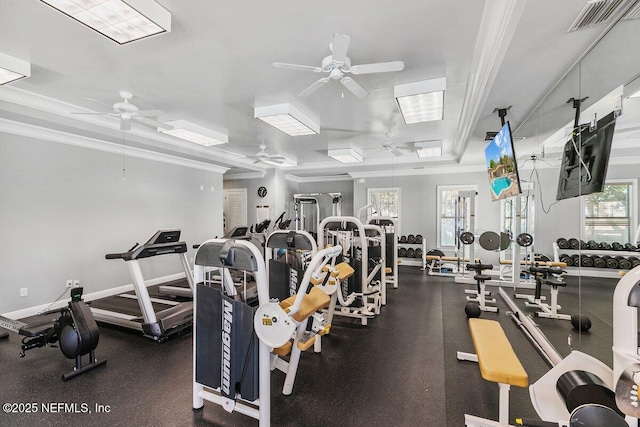 4300 S Beach Pkwy Unit 1206, Jacksonville Beach, FL 32250 - gym with a ceiling fan, healthy amount of natural light, and ornamental molding