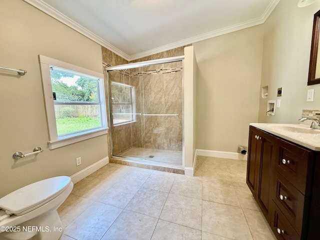 4518 Astral St, Jacksonville, FL 32205 - bathroom featuring vanity, a stall shower, crown molding, and tile patterned flooring