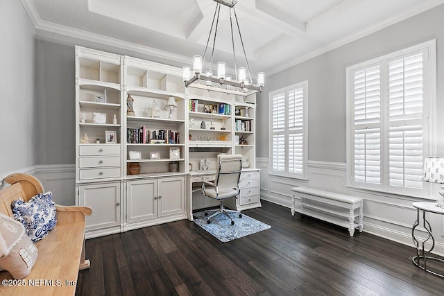195 Glenneyre Cir, Saint Augustine, FL 32092 - office area featuring a wainscoted wall, coffered ceiling, dark wood-type flooring, and crown molding