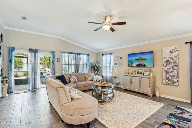 44 Spotted Owl Ln, Saint Augustine, FL 32095 - living room featuring ceiling fan, wood finish floors, lofted ceiling, and crown molding