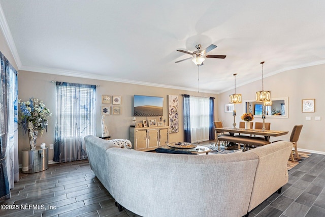 44 Spotted Owl Ln, Saint Augustine, FL 32095 - living area with wood finish floors, ceiling fan, crown molding, and lofted ceiling