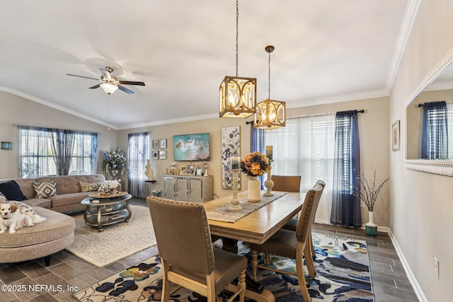 44 Spotted Owl Ln, Saint Augustine, FL 32095 - dining area featuring plenty of natural light, dark wood-type flooring, a chandelier, a ceiling fan, and crown molding