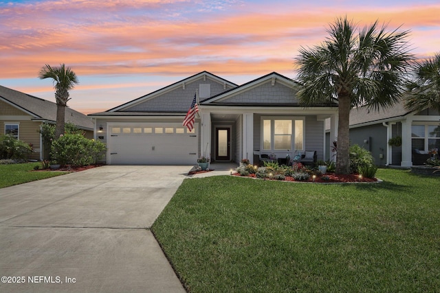 44 Spotted Owl Ln, Saint Augustine, FL 32095 - view of front of house with concrete driveway, a garage, a yard, and a porch
