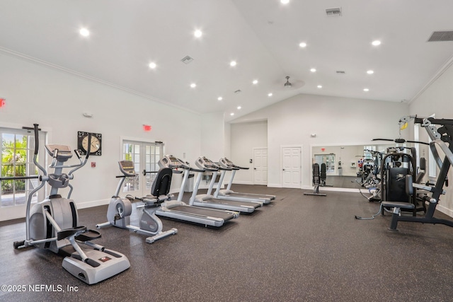 44 Spotted Owl Ln, Saint Augustine, FL 32095 - exercise room featuring recessed lighting, ornamental molding, high vaulted ceiling, and french doors