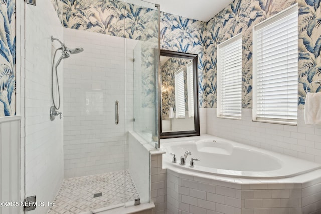 95006 Buckeye Ct, Fernandina Beach, FL 32034 - bathroom with wallpapered walls, a stall shower, and a garden tub