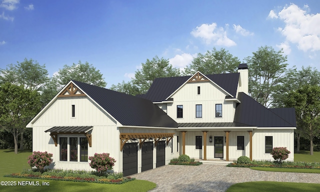 146 Whistling Palm Ct Lot 90, Ponte Vedra, FL 32081 - modern farmhouse with a standing seam roof, covered porch, a chimney, an attached garage, and a metal roof
