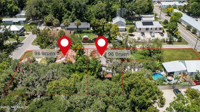 96 Bruen St, Saint Augustine, FL 32084 - aerial perspective of suburban area with property boundaries highlighted and a pool