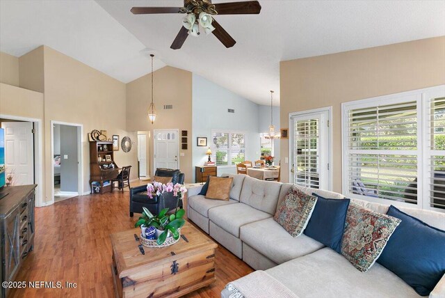 101 Duck Bill Cv, Ponte Vedra Beach, FL 32082 - living room featuring ceiling fan, high vaulted ceiling, and wood finished floors