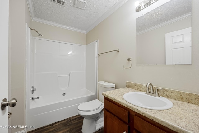 103 Chapin St, Saint Augustine, FL 32084 - bathroom with a textured ceiling, vanity, wood finished floors, bathtub / shower combination, and crown molding