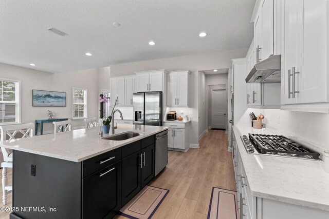 106 Rum Runner Way, Saint Johns, FL 32259 - kitchen with appliances with stainless steel finishes, under cabinet range hood, white cabinetry, light wood finished floors, and recessed lighting