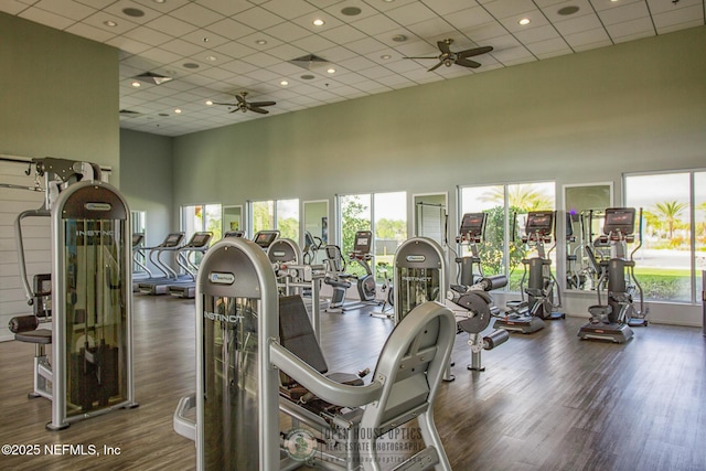 106 Rum Runner Way, Saint Johns, FL 32259 - exercise room featuring a ceiling fan, a towering ceiling, wood finished floors, a paneled ceiling, and recessed lighting