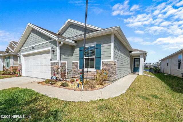 20 Willow St, Palm Coast, FL 32164 - view of side of property featuring an attached garage, a lawn, driveway, and stone siding