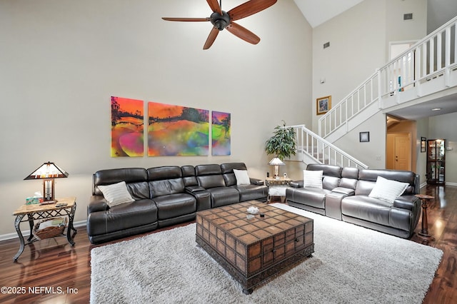 4251 Monument Rd Unit 805, Jacksonville, FL 32225 - living area featuring dark wood-type flooring, high vaulted ceiling, a ceiling fan, and stairway