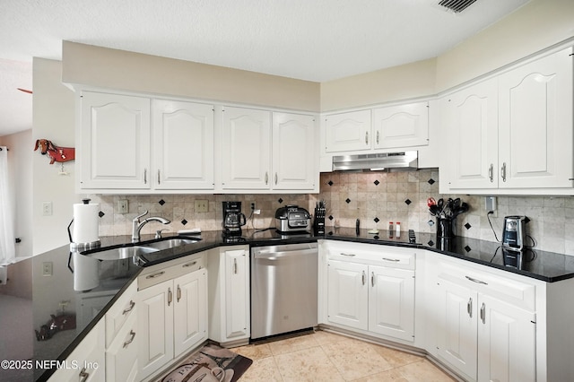 4251 Monument Rd Unit 805, Jacksonville, FL 32225 - kitchen with dishwasher, black electric cooktop, under cabinet range hood, decorative backsplash, and white cabinetry