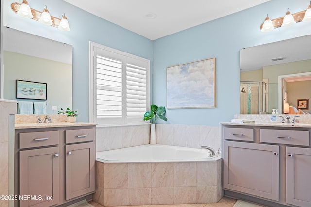 96740 Quartz Ln, Yulee, FL 32097 - full bathroom with a stall shower, two vanities, a bath, and tile patterned floors
