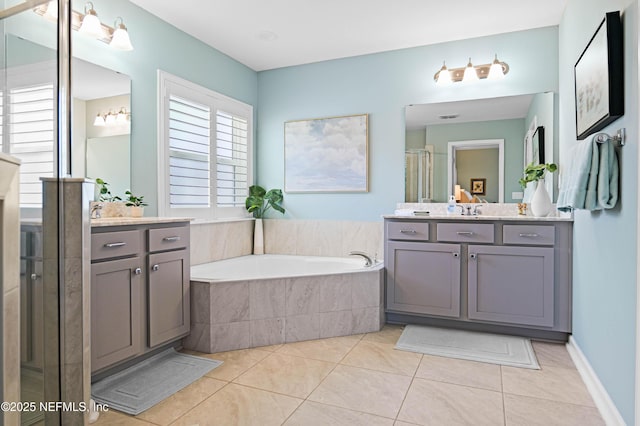 96740 Quartz Ln, Yulee, FL 32097 - bathroom with vanity, a bath, tile patterned flooring, and a stall shower