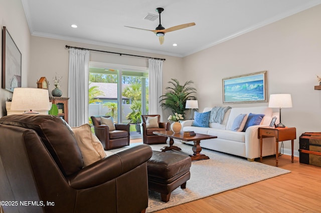 96740 Quartz Ln, Yulee, FL 32097 - living room featuring wood finished floors, ceiling fan, crown molding, and recessed lighting