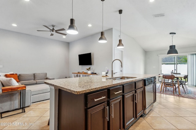 95297 Windflower Trl, Fernandina Beach, FL 32034 - kitchen featuring open floor plan, light tile patterned floors, dishwasher, recessed lighting, and vaulted ceiling