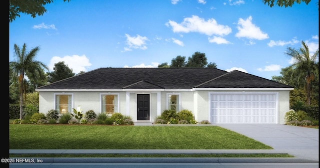 155 Point Pleasant Dr, Palm Coast, FL 32164 - ranch-style home with stucco siding, a garage, driveway, and a front lawn