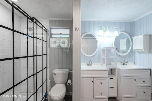 5299 County Road 352nd Rd, Keystone Heights, FL 32656 - bathroom featuring crown molding, a textured ceiling, two vanities, a stall shower, and wallpapered walls