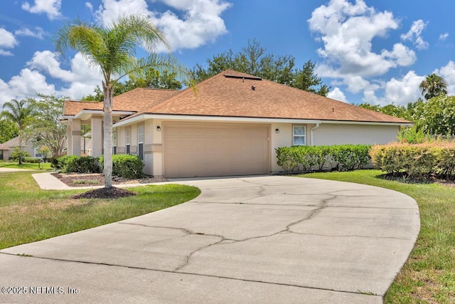1069 Ardmore St, Saint Augustine, FL 32092 - view of front of property with stucco siding, an attached garage, driveway, and a front lawn
