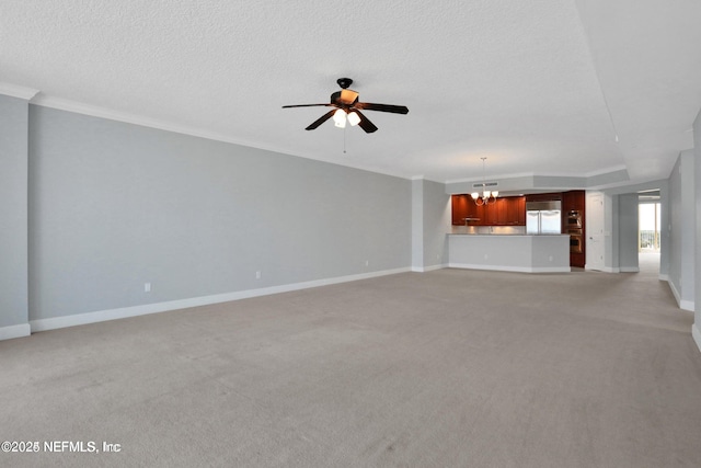 1031 1st St S Unit 504, Jacksonville Beach, FL 32250 - unfurnished living room featuring a chandelier, crown molding, light colored carpet, a ceiling fan, and a textured ceiling