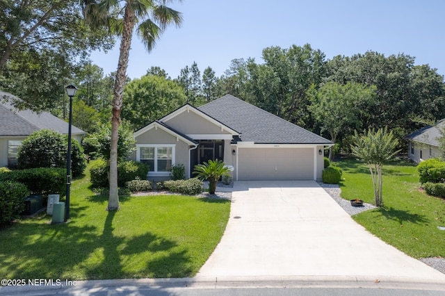 1517 Remington Way, Saint Augustine, FL 32084 - ranch-style house with a garage, concrete driveway, a front lawn, stucco siding, and roof with shingles