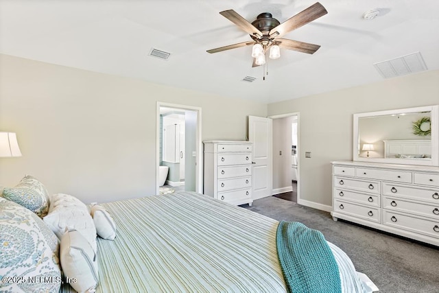 26122 Sheared Stokes Rd, Hilliard, FL 32046 - bedroom with dark carpet, vaulted ceiling, ensuite bathroom, and ceiling fan