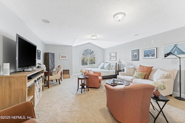1317 Garrison Dr, Saint Augustine, FL 32092 - living room with light carpet, a textured ceiling, and lofted ceiling