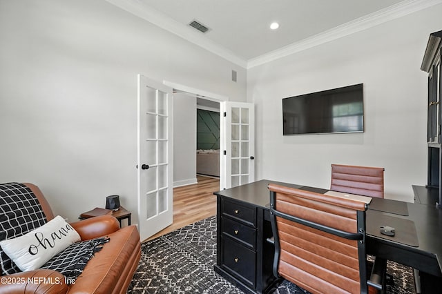 4342 Richmond Park Dr E, Jacksonville, FL 32224 - home office featuring french doors, ornamental molding, wood finished floors, and recessed lighting