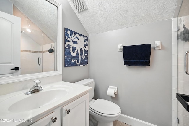 4342 Richmond Park Dr E, Jacksonville, FL 32224 - bathroom featuring vaulted ceiling, a textured ceiling, a shower stall, and vanity