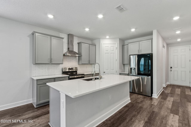 94954 Colnago Ct, Fernandina Beach, FL 32034 - kitchen featuring wall chimney exhaust hood, stainless steel appliances, gray cabinets, backsplash, and dark wood-style flooring