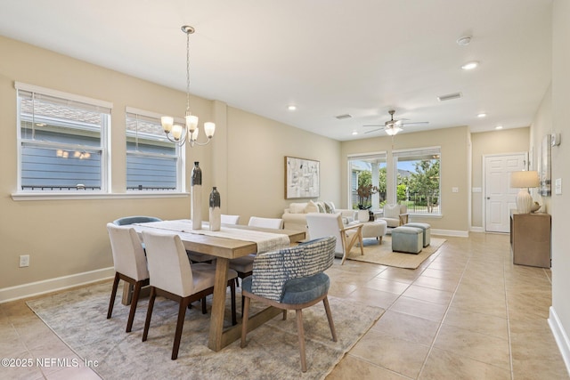 48 Gilchrist Way, Saint Johns, FL 32092 - dining room with light tile patterned floors, a chandelier, ceiling fan, and recessed lighting