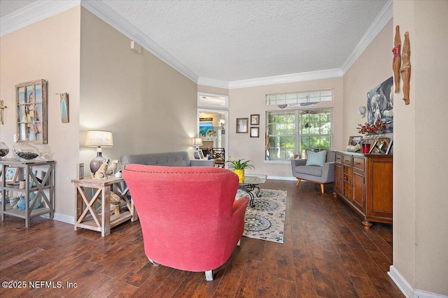 121 Bouganvilla Dr, Ponte Vedra Beach, FL 32082 - living area with dark wood-style floors, a textured ceiling, and crown molding