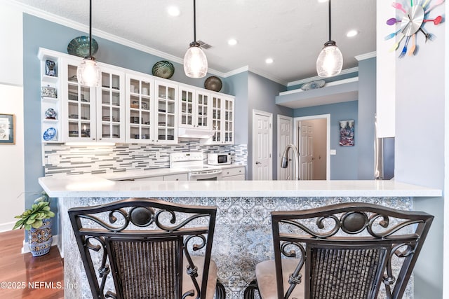 13707 Alesbury Ct, Jacksonville, FL 32224 - kitchen featuring white electric range, wood finished floors, backsplash, white cabinets, and crown molding