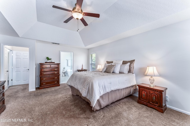 13707 Alesbury Ct, Jacksonville, FL 32224 - bedroom with carpet floors, lofted ceiling, ensuite bath, and ceiling fan