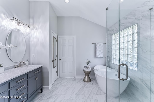 13707 Alesbury Ct, Jacksonville, FL 32224 - full bathroom with vanity, a freestanding bath, lofted ceiling, marble finish flooring, and recessed lighting