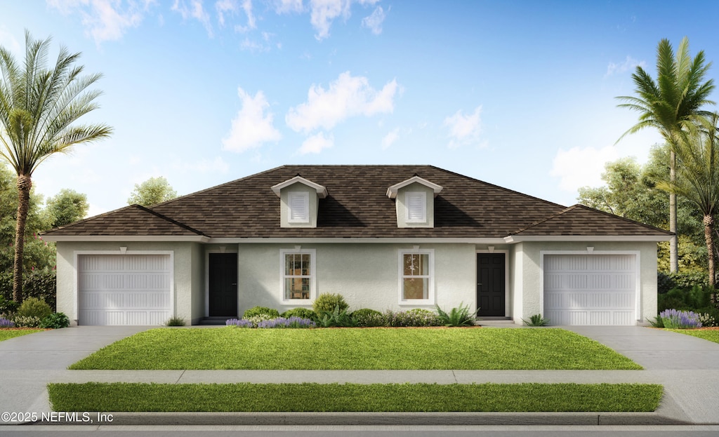 9 Untermeyer Pl, Palm Coast, FL 32164 - view of front of house featuring stucco siding, concrete driveway, an attached garage, a front lawn, and a shingled roof