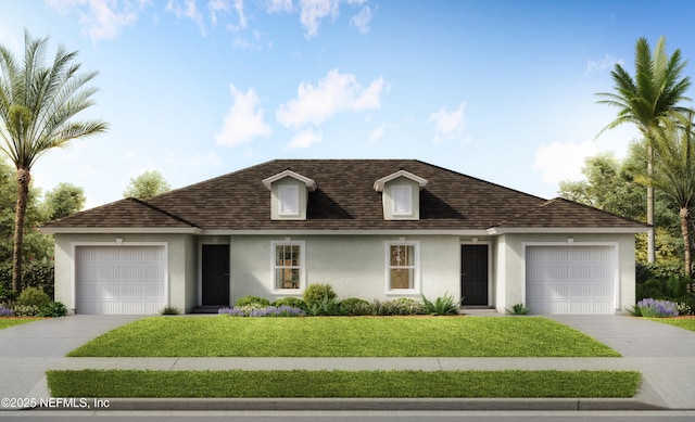 9 Untermeyer Pl, Palm Coast, FL 32164 - view of front of house featuring stucco siding, concrete driveway, an attached garage, a front lawn, and a shingled roof