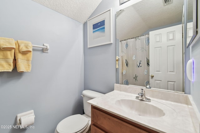 12569 Kernan Forest Blvd, Jacksonville, FL 32225 - full bath with a textured ceiling, vanity, vaulted ceiling, and a shower with curtain