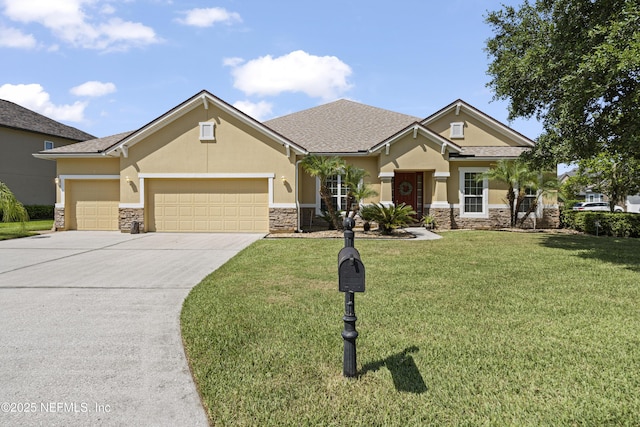 1100 Ashfield Way, Saint Johns, FL 32259 - view of front facade featuring stone siding, stucco siding, a garage, driveway, and a front lawn