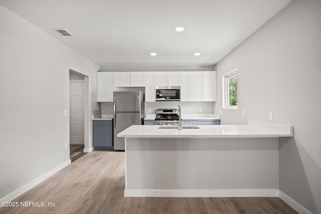 1588 W 15th St, Jacksonville, FL 32209 - kitchen featuring appliances with stainless steel finishes, light wood-style floors, light countertops, a peninsula, and recessed lighting