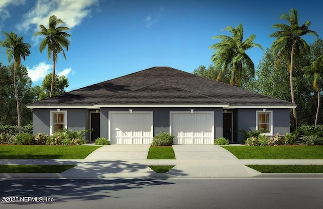 115 Secretary Trl, Palm Coast, FL 32164 - single story home with stucco siding, driveway, a garage, roof with shingles, and a front yard