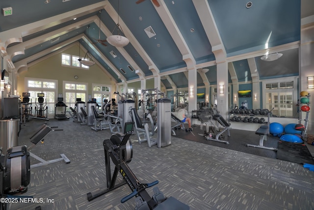 147 Rawlings Dr, Saint Johns, FL 32259 - exercise room with high vaulted ceiling, carpet, and beam ceiling